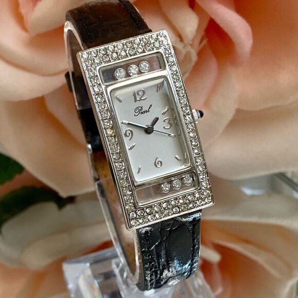 Pearl Rhinestone Embellished Art Deco Style Tank Watch with "Floating" Crystals - Picture 3 of 14